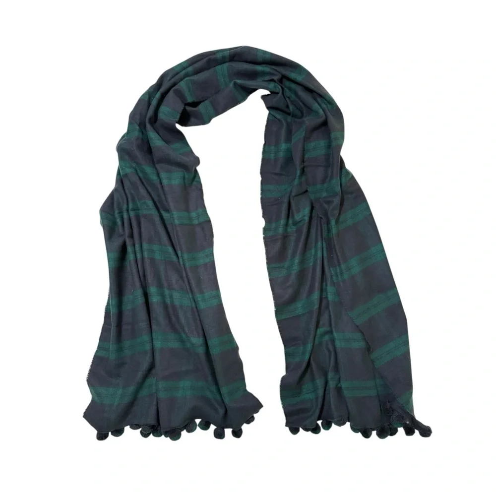 J. Crew Oversize Pom Pom Black Watch Tartan Plaid Scarf